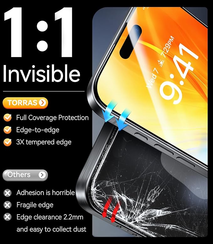 TORRAS Diamond Shield for iPhone 15 Pro Screen Protector [Military-Grade Protection] 9H+ Unbreakable Shatterproof Aerospace Tempered Glass Full Coverage InstaFit Bubble-Free 2-Pack