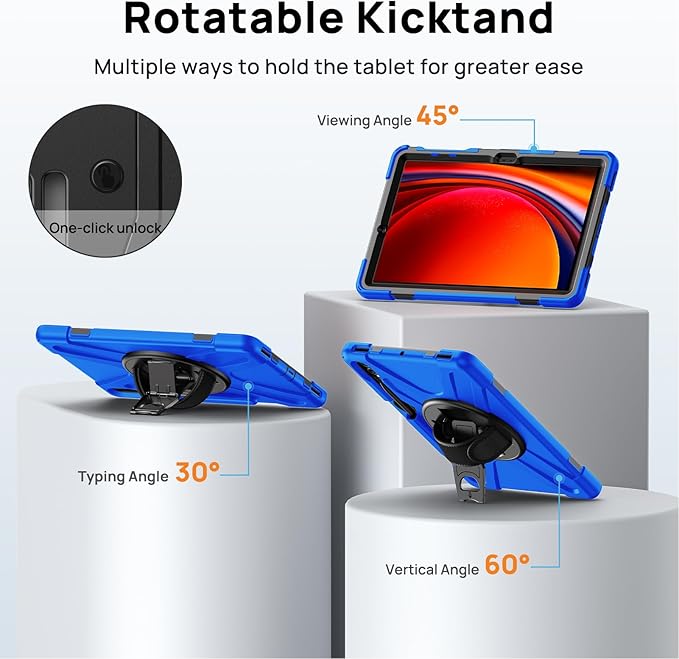 Gerutek Case for Samsung Galaxy Tab S10 Plus/S9 Plus/S9 FE Plus/S8 Plus/S7 Plus/S7 FE 12.4 inch Full-Body Drop Protective Case with Screen Protector Pencil Holder Rotating Hand Stand Strap Blue