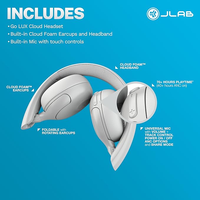 JLab Go Lux ANC Wireless Headphones Cloud White Hybrid Active Noise Cancelling Premium On-Ear Bluetooth Headset Customizable Sound Be Aware Mode Cloud Foam Comfort Multipoint Connection