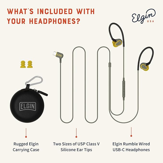 Elgin Rumble Wired Earplug Headphones 27 dB NRR Waterproof Hearing Protection Earbuds w/Noise-Isolating Mic &amp in-Line Controller OSHA Compliant ANSI Certified Kevlar Reinforced Cable IP67 US