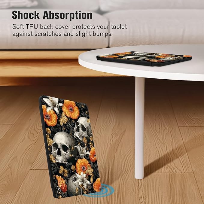 Orange Floral Skull Case for Ipad Pro 11 Inch 4Th/3Rd/2Nd Gothic Skeleton Pattern Cover Retro Shell Auto Sleep/Wake Shockproof Cover with Clear Back Shell &amp Pencil Holder(Girls Women)