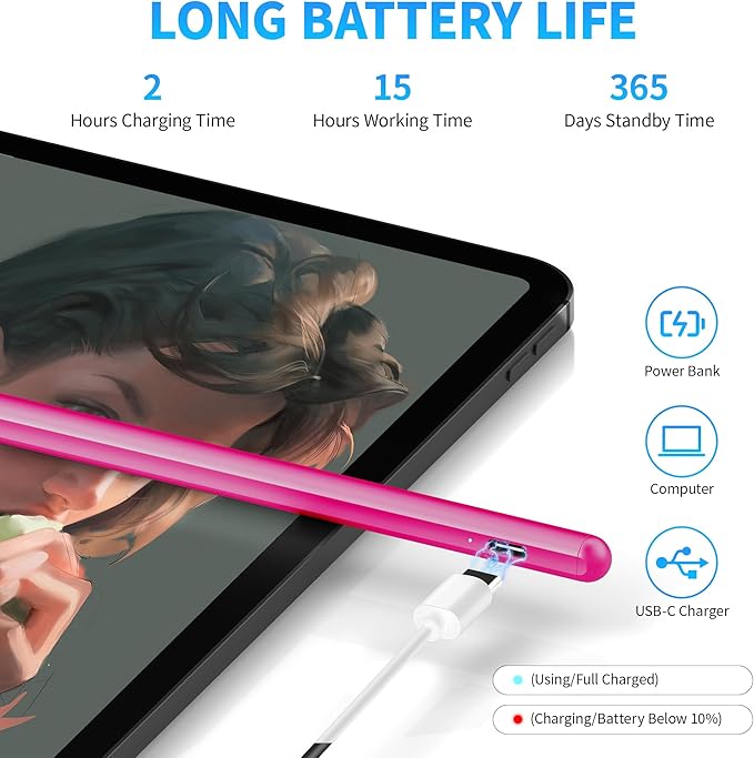DRYMOKINI Stylus Pen Active Stylus Pen Touch Screens Compatible for Android and iOS Tablet/Phones Rechargeable Universal Stylus Pencil Compatible for A-pple/i-Pad/Phone Tablet BabyPink