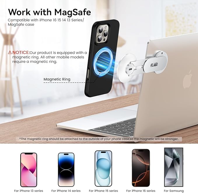 Laptop Phone Holder Magnetic Phone Stand 15W Fast Wireless Charger for MagSafe for iPhone 17/16/15/14/13/12 &amp All Phones for Tesla (Silver)