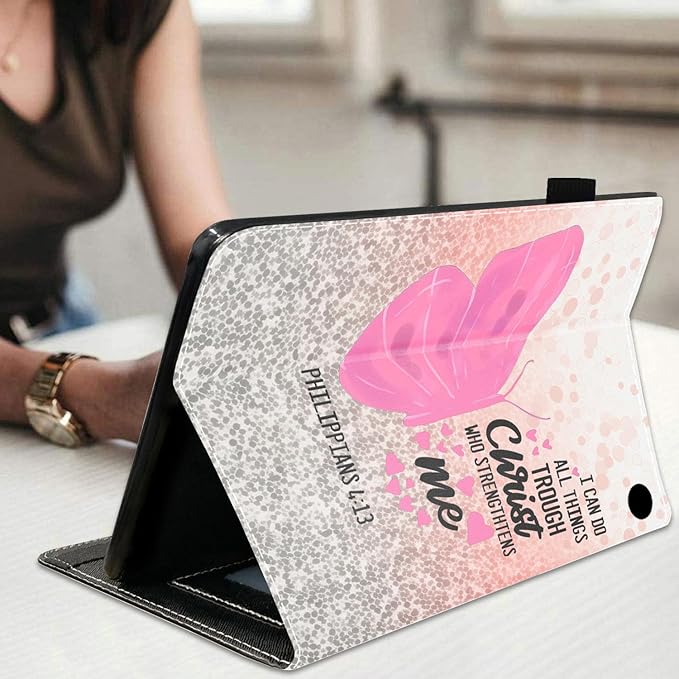 Case for Amazon Fire HD 10 &amp 10 Plus Tablet 10.1 (13th/11th Gen 2023/2021 Release) Slim Stand Folio Cover with Card Slot &amp Auto Wake/Sleep - Butterfly Quote Bible Verse Philippians 4:13