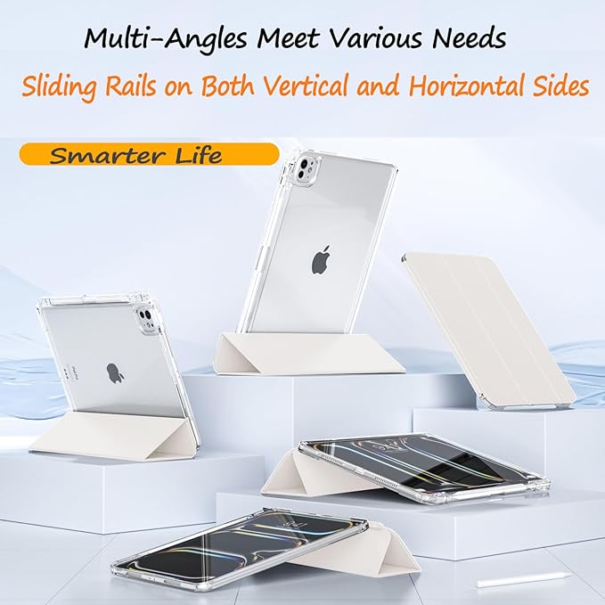 Case for iPad Pro 11 Inch 4th/3rd/2nd Generation (2022/2021/2020) with Pencil Holder Slide to Separate Auto Sleep/Wake Detachable Trifold Stand Slim Clear Cute Protective Leather Cover (Cream)