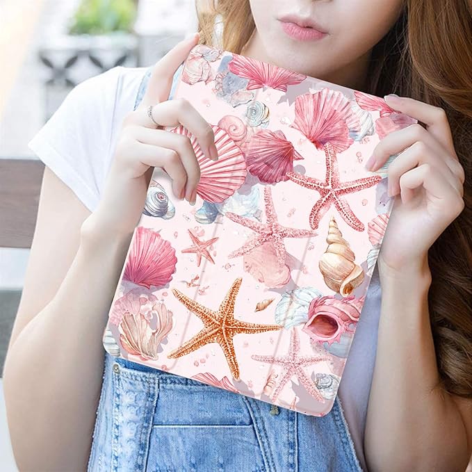JOYLAND Pink Conch Shell Case for iPad 10th Generation Case 10.9 inch/iPad (A16) 11th Generation 11 Inch 2025 with Pencil Holder-Trifold Stand Protective Cover with Soft TPU BackPink
