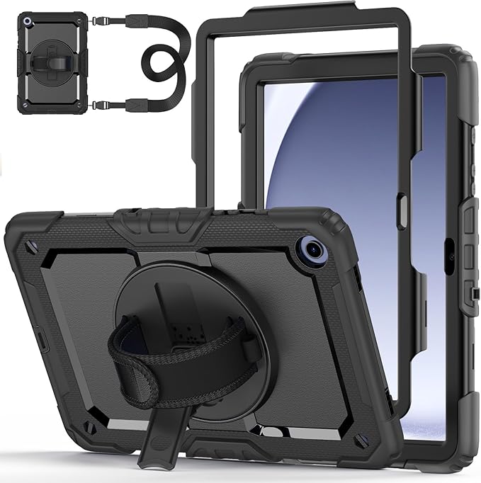Case for Samsung Galaxy Tab A9+/A9 Plus 11 Inch 2023(SM-X210/X216/X218) Ubearkk Full-Body Drop Protection Case with Screen Protector 360° Rotating Stand and Hand/Shoulder Strap Black