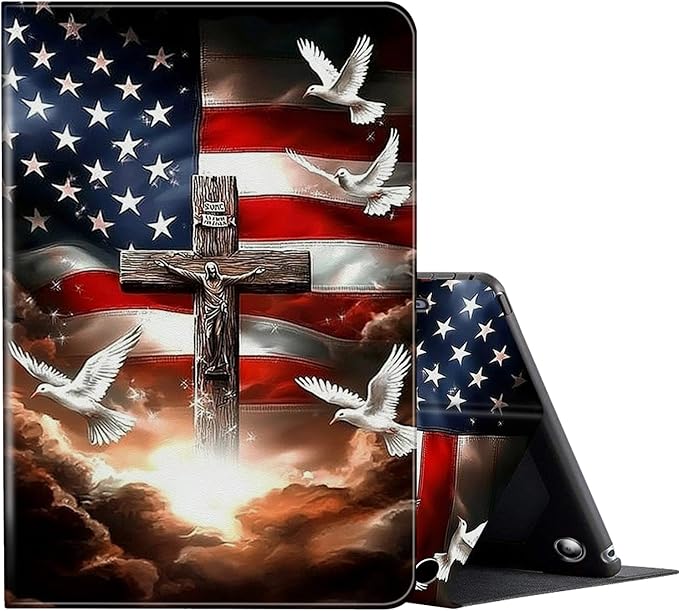 FUYOCWE for Fire HD 10 Tablet Case (13th Generation2023 Release10.1) PU Leather Multi-Angle Folding Stand Smart Flip Cover for Amazon Kindle Fire HD 10 13th Gen-American Flag with Cross Dove