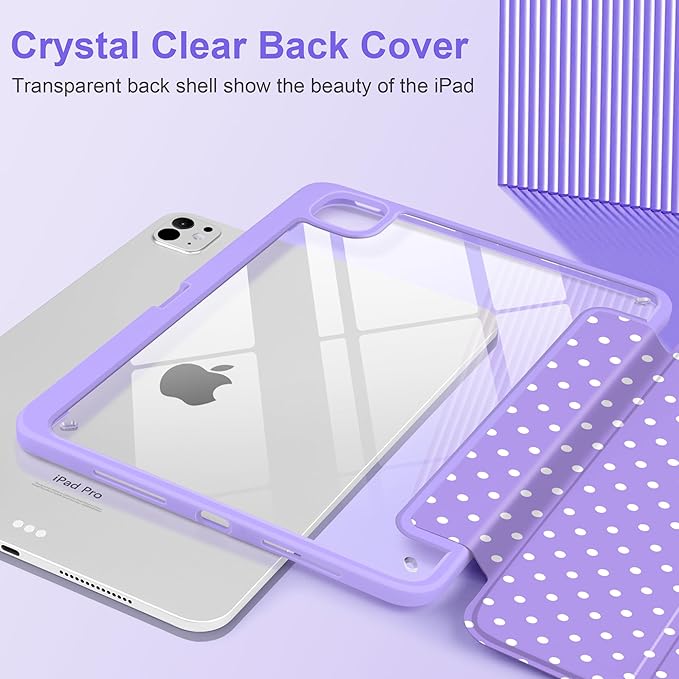 Case for iPad Pro 11 Inch (M5 2025 M4 2024) – [Built-in Pencil Holder] Shockproof &amp Stylish Clear Hard Back + Soft TPU Edge Magnetic Trifold Stand Auto Wake/Sleep Purple White dot