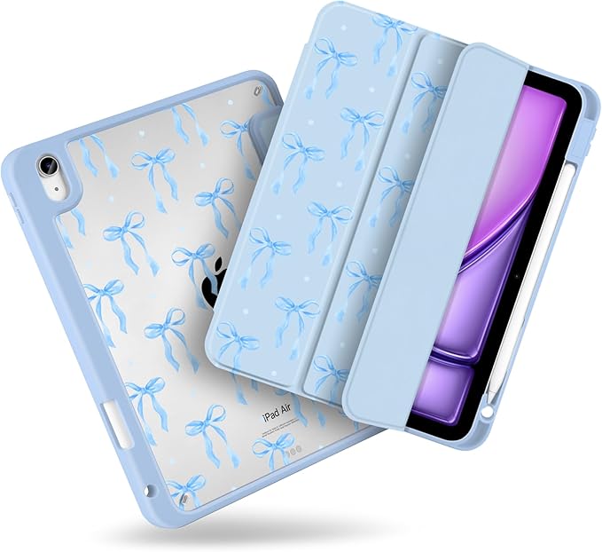 MecBevia Case for iPad Air 11-inch M4 2026 / M3 2025 / M2 2024 Slim Protective Cover with Built-in Pencil Holder Auto Wake/Sleep Blue Ribbon Coquette