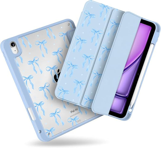 MecBevia Case for iPad Air 11-inch M4 2026 / M3 2025 / M2 2024 Slim Protective Cover with Built-in Pencil Holder Auto Wake/Sleep Blue Ribbon Coquette