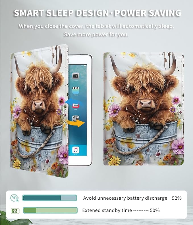 for iPad 9th/8th/7th Generation 10.2 Inch Case 2021/2020/2019 PU Leather Slim Folio Lightweight Multiple Viewing Angles Smart Cover with Auto Wake/Sleep Cute Highland Cow