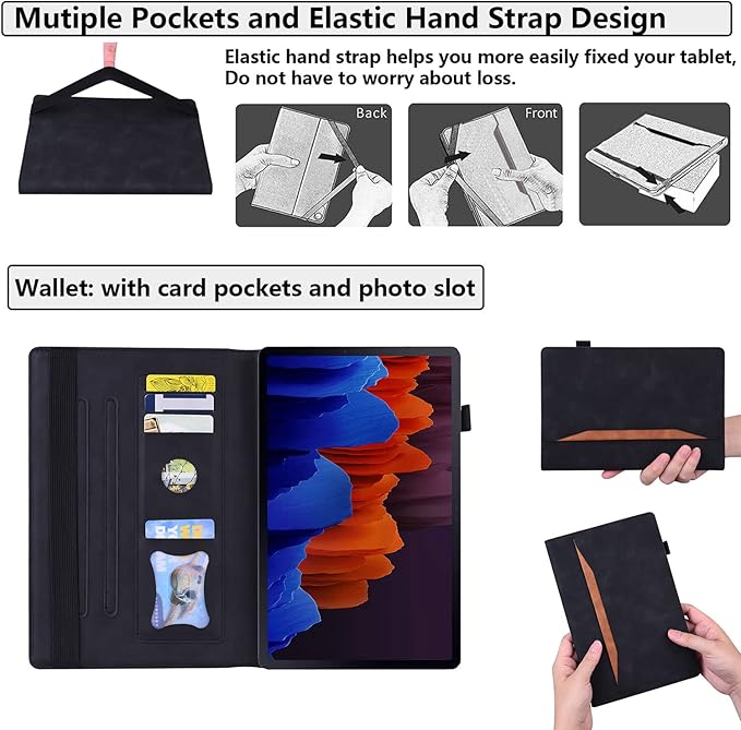 12.4 Inch Case for Samsung Galaxy Tab S8 Plus/S8+ 2022/S7 FE 2021/Tab S7 Plus/S7+ 2020 (SM-X800/T730/T970) with S Pen Holder Pocket &amp [Auto Wake/Sleep] Folding Stand PU Leather Cover Black