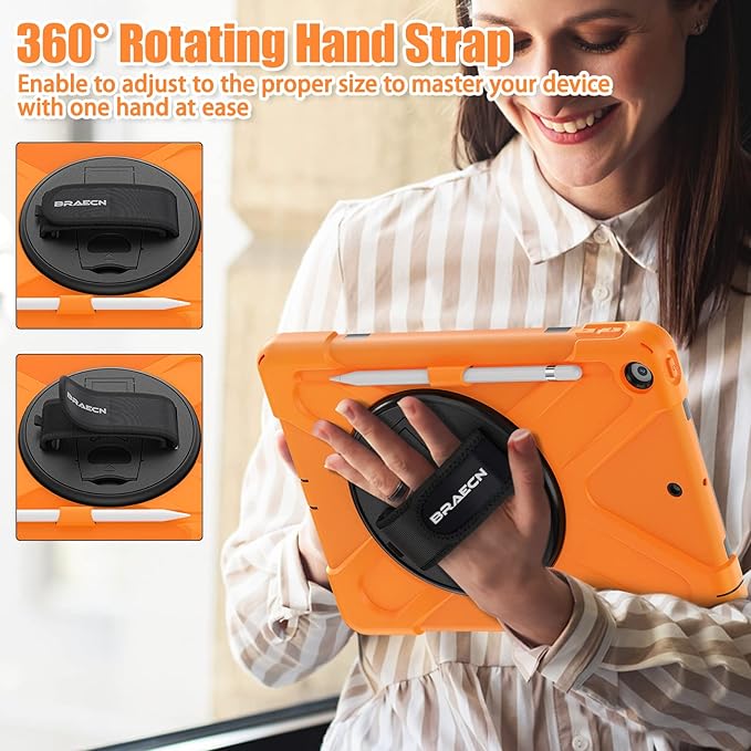 BRAECNstock for Apple iPad 9th/ 8th/ 7th Generation Case 10.2 2021/2020/2019 Shockproof Protective iPad 10.2 Kids Case with Screen Protector Pencil Holder Rotating Stand + Hand Strap Orange