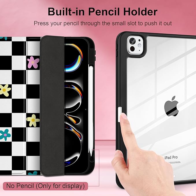 Case for iPad Pro 13 inch (M5) 2025 (M4) 2024 Release Slim Lightweight Cute Black Leather Cover with Clear Back TPU Edge Pencil Holder Trifold Stand Grid