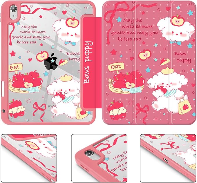 Mektron for 11th Generation iPad 11-inch A16 chip 2025 Cover with Pencil Holder Fit 10th Generation iPad 10.9-inch A14 chip 2022 Shockproof Clear Shell Cute Puppy-Red