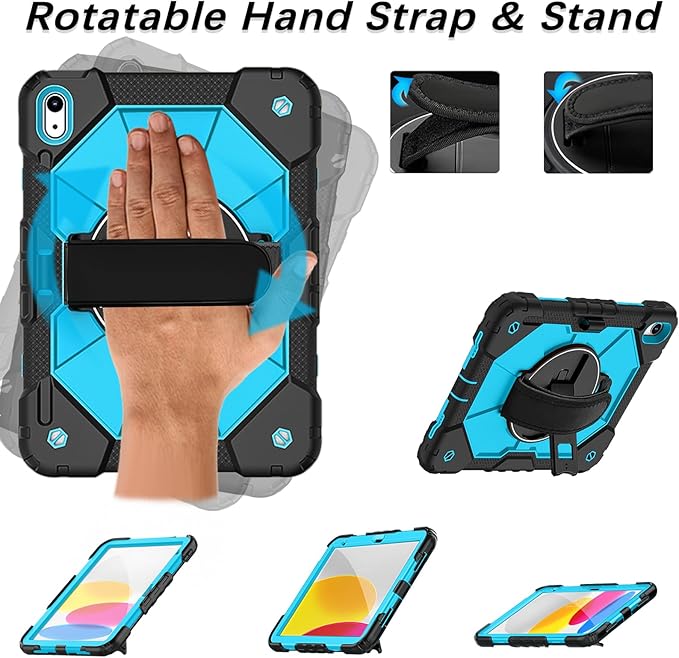 Weuiean Case for iPad A16 11th/10th Generation 11/10.9 Military-Grade Heavy-Duty Shockproof Cover with 360° Rotating Stand Built-in Pencil Holder &amp Adjustable Hand/Shoulder Strap -BrightBlue+B