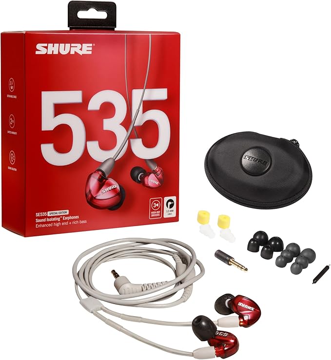 Shure SE535LTD Professional Wired Sound Isolating Earbuds High Definition Sound + Natural Bass Three Drivers Secure in-Ear Fit Detachable Cable Durable Quality - Red