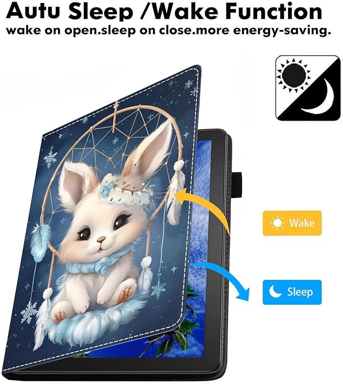 Case for Amazon Kindle Fire 7 Tablet (7 9th/7th Generation 2019/2017 Release) Slim PU Leather Cover with Card Slot &amp Auto Wake/Sleep Dreamcatcher Rabbit