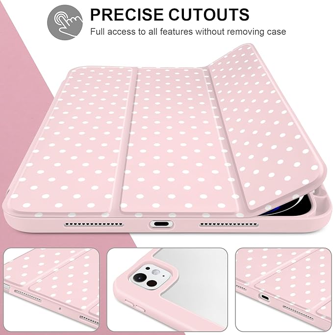 Case for iPad Pro 11 Inch (M5 2025 M4 2024) – [Built-in Pencil Holder] Shockproof &amp Stylish Clear Hard Back + Soft TPU Edge Magnetic Trifold Stand Auto Wake/Sleep Pink White dot