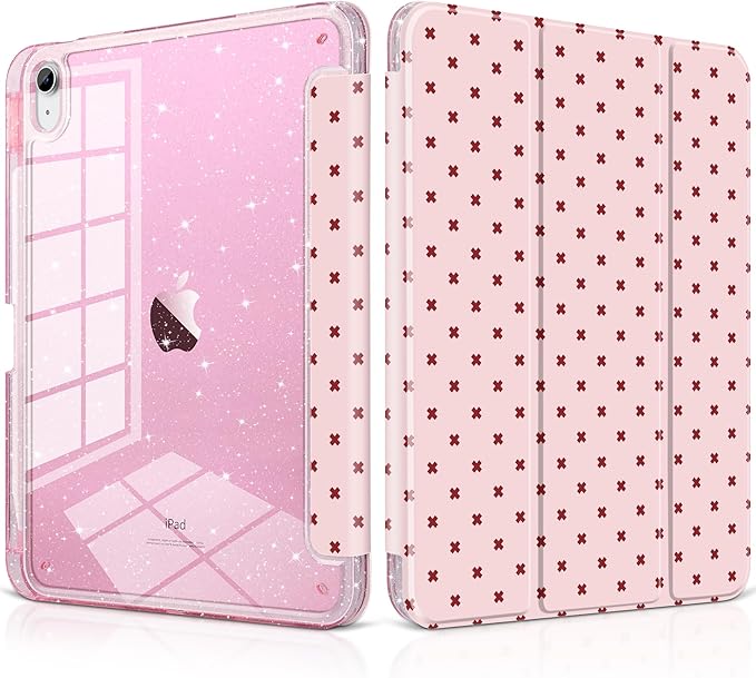 DONGKE for iPad Pro 11 inch Case – Fits M5 2025 / M4 2024 Shockproof Sparkling Glitter Acrylic Back Pencil Holder Trifold Stand Auto Sleep/Wake &amp Touch ID Support - Pink Cross Dot