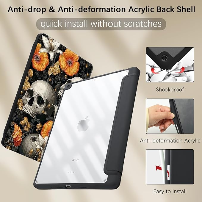 Orange Floral Skull Case for Ipad Pro 11 Inch 4Th/3Rd/2Nd Gothic Skeleton Pattern Cover Retro Shell Auto Sleep/Wake Shockproof Cover with Clear Back Shell &amp Pencil Holder(Girls Women)