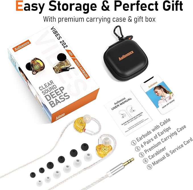 Vibes 202 Wired Earbuds - HiFi in Ear Monitor Headphones – Professional Noise Isolating Ear Buds - Clear Sound Deep Bass &amp Comfort-Fit IEM Earphones - MMCX to 3.5mm Silver Plated Cord Carrying