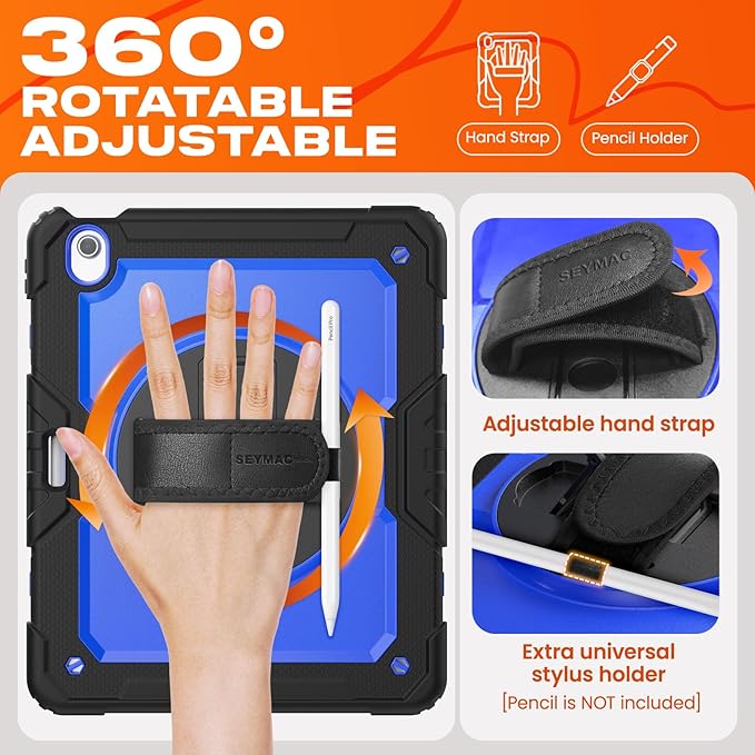 SEYMAC stock Case for iPad Air 13-inch M4-M2 2026-2024 (Gen 8-6) Shockproof Heavy Duty Case with Screen Protector Pencil Holder Rotating Stand Hand Strap Shoulder Strap Blue