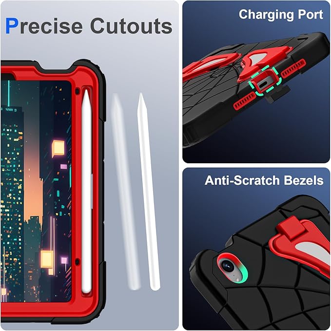 Kids Case for iPad mini 7 A17 Pro 2024/ Mini 6 8.3 inch Spider Case for iPad mini 7th 6th Generation Shockproof Durable Full Protective Cover with Pencil Holder Kickstand (Black+Red)