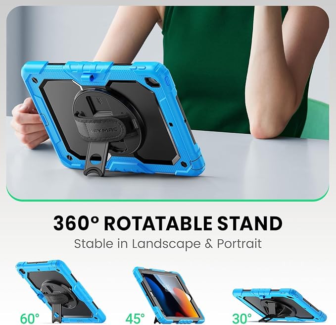 SEYMAC Kids Case for iPad 9th/ 8th/ 7th Generation 10.2 2021-2019 Heavy Duty Protective Shockproof Case with Screen Protector Rotating Stand/Handle/Shoulder Strap for iPad 10.2 Light Blue