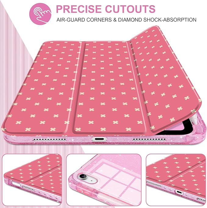 DONGKE for iPad Pro 11 inch Case – Fits M5 2025 / M4 2024 Shockproof Sparkling Glitter Acrylic Back Pencil Holder Trifold Stand Auto Sleep/Wake &amp Touch ID Support - Dark Pink Cross Dot