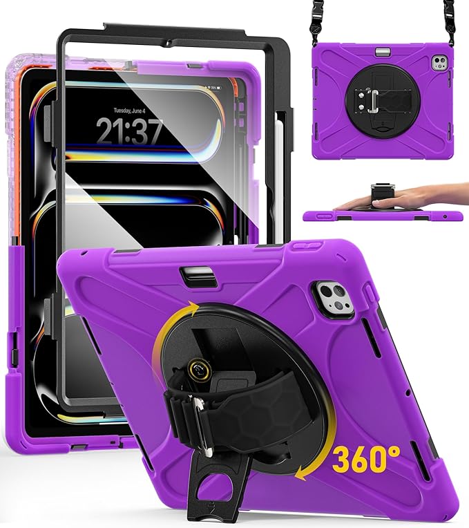 BRAECN for iPad Pro 13 inch Case M5 2025 &amp M4 2024 Heavy Duty Shockproof Protective with Pencil Holder Screen Protector 360°Rotating Stand Handle &amp Shoulder Strap Full Body Cover Kids Friendly