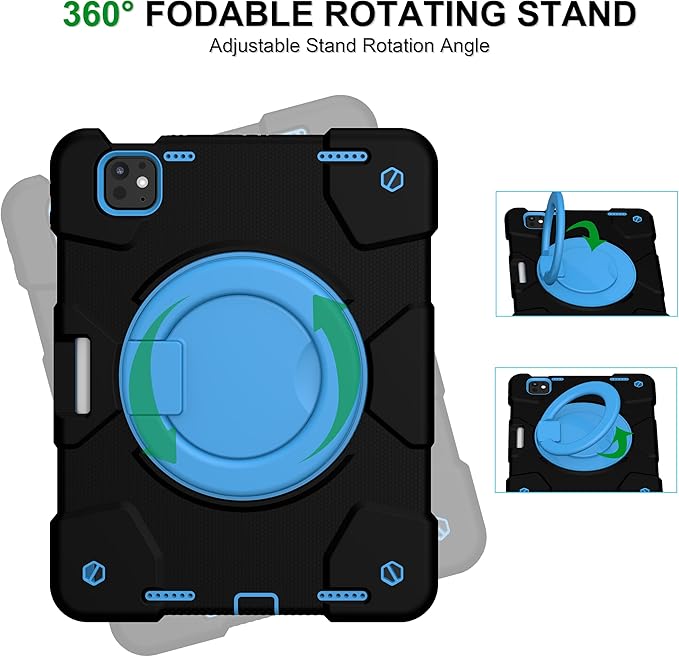 Case for iPad Pro 11 Inch M4 2024/M5 2025 Case Heavy Duty Shockproof Cover with Screen Protector/360° Rotate Stand/Shoulder Strap/Pencil Holde (Black+Blue iPad Pro M4/M5 11 inch)
