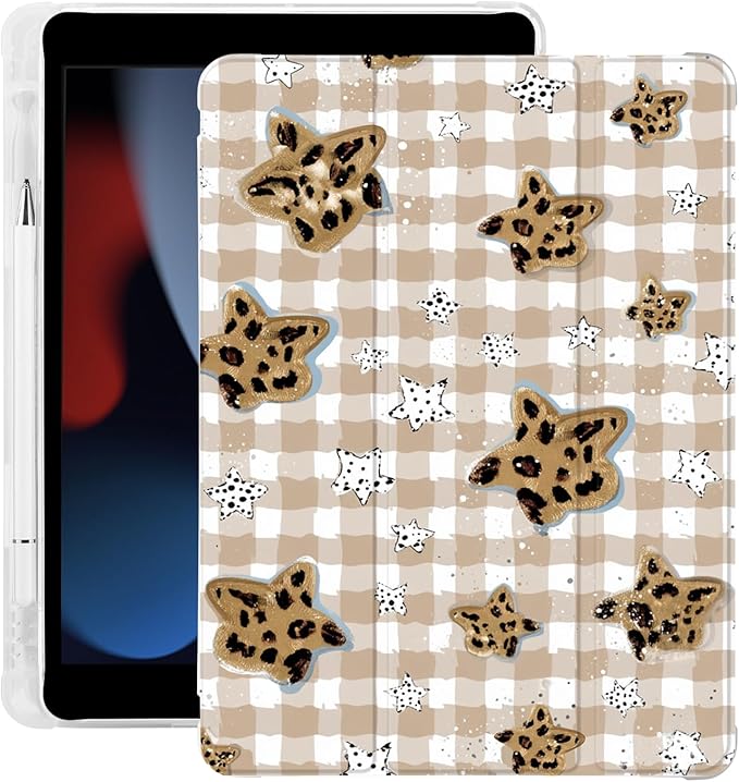 Cute Grid Star Checkered for iPad 5th/6th Generation Case with Pencil Holder Auto Sleep/Wake Leather Soft TPU Back Cover for iPad 9.7 Inch