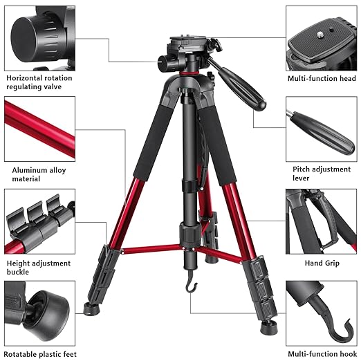 NEEWER Portable Aluminum Alloy Camera 2 in 1 Tripod Monopod Max. 70/177cm with 3 Way Swivel Pan Head and Carrying Bag for DSLR DV Video Camcorder (SAB264 Red)