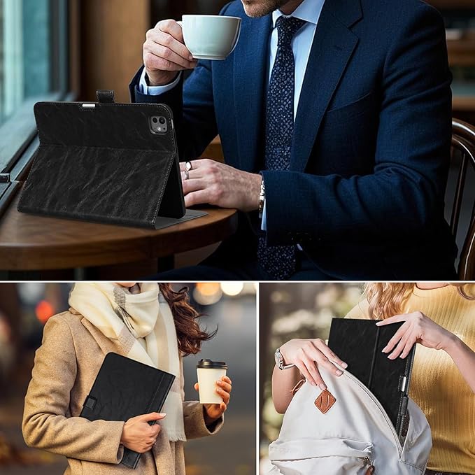 Case for iPad Pro 11 Inch4th/3rd/2nd/1st Generation(2022/2021/2020/2018) Genuine Leather Cover with Pencil HolderCowhide Folio CoverAuto Sleep/Wake Magnetic ClosureBlack