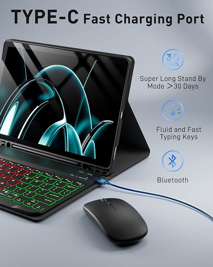 for Amazon Fire HD 10/10 Plus Case with Keyboard (11th/13th Generation 10.1 inch) - Rainbow Backlit Keyboard Case - Built in Pencil Holder with Mouse - Black