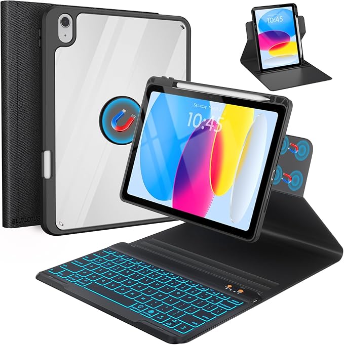 BLUTLOTUS for iPad 11th (A16) 10th Generation Case with Keyboard (2025/2022) - 360° Rotatable Magnetic Folio Cover 7 Color Backlit Detachable Keyboard with Pencil Holder (Black)