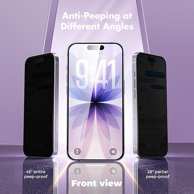 UNBREAKcable Privacy Screen Protector for iPhone 17 Full Coverage Shatterproof Tempered Glass [True 28°Anti Spy] [9H Hardness] [Easy Installation Frame] 2-Pack Private Screen for iPhone 17