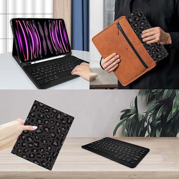 TopPerfekt for iPad Pro 11 4th/3rd/2nd/1st Gen (2022/2021/2020/2018) Keyboard Case Magnetically Absorbent Auto Sleep/Wake Support 2nd Gen Pencil Wireless Charge with Pencil Holder - BlackLeopard2