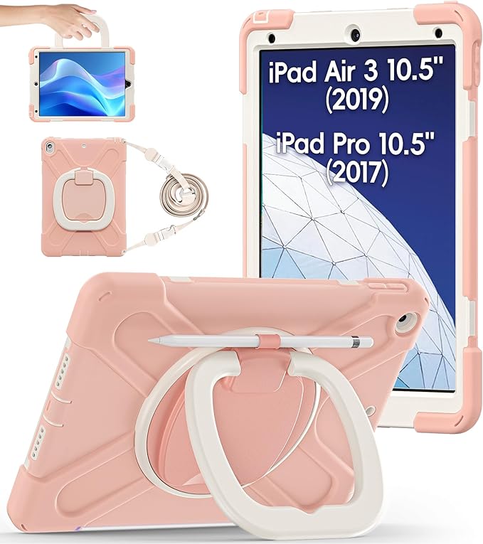 BATYUE 10.5 inch Case for ipad Air 3rd Generation 2019 / ipad pro 10.5 2017 Rugged Heavy Duty Protective Cover with Pencil Holder 360° Swivel Stand Shoulder Strap for Kids (Rose Gold)