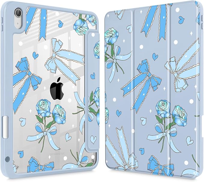 Tuiklol Case for iPad 11 inch (A16 Chip) 2025 Gen 11th / iPad 10.9 inch 2022 10th Gen Buit in Pencil Holder with Shockproof Cover Clear Transparent Back Shell Auto Wake/SleepBow &amp Rose Blue