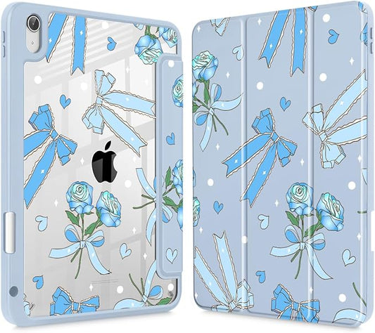 Tuiklol Case for iPad 11 inch (A16 Chip) 2025 Gen 11th / iPad 10.9 inch 2022 10th Gen Buit in Pencil Holder with Shockproof Cover Clear Transparent Back Shell Auto Wake/SleepBow &amp Rose Blue