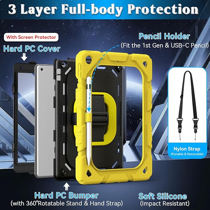 Grifobes for iPad 9th/8th/7th Generation Case for iPad 10.2 Inch 2021/2020/2019 Case Cover with Screen Protector 360°Rotate Stand Hand &amp Shoulder Strap Pencil Holder for Kids Yellow Black