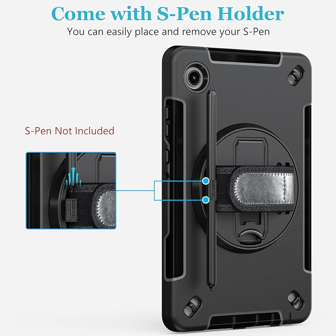 Case for Galaxy Tab A11 8.7 Inch: TPU Samsung Tablet A11 Cover 2025 with 360° Rotating Stand- Screen Protector -Hand Strap - Shoulder Strap - Pencil Holder - Black