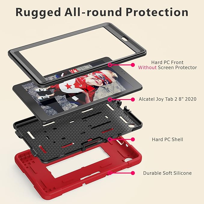 Case for for Alcatel Joy Tab 2 Tablet 8-inch 2020 Release (Model: 9032Z) - [Built-in Kickstand] Anti Slip Kids Friendly Shockproof Silicone Protective Cover (Red/Black)