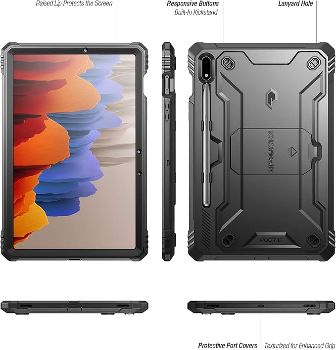 Poetic Revolution Series for Samsung Galaxy Tab S7 Tablet Case 11 Inch Model SM-T870/ SM-T875 (2020 Release) Full-Body Heavy Duty Case Built-in-Screen Protector Black