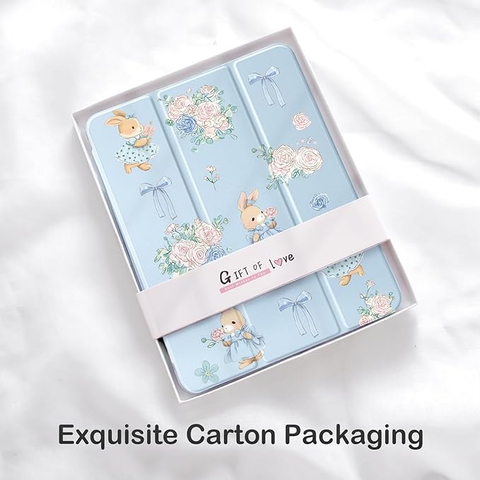 Cute Kawaii Bunny Flower Bow for iPad Air 11 Inch Case 7th/6th Generation (M3/M2) 2025/2024 with Pencil Holder Auto Sleep/Wake Blue Leather Clear Acrylic Back Cover