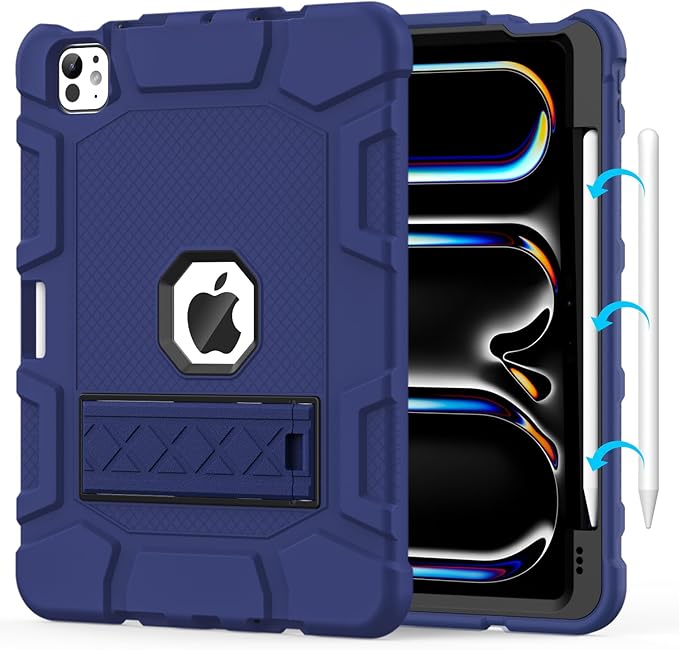 Case for iPad Pro 11 Inch Case (M5 2025/ M4 2024) with Pencil Holder Built-in Stand Military Grade Shockproof Protective Cover for iPad Pro 11 (Navy Blue)