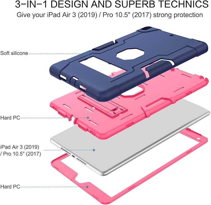 BENTOBEN for iPad Air 3 2019 Case iPad Pro 10.5 2017 Case 3 Layers Heavy Duty Rugged Shockproof Kickstand Protective Tablet Cases for iPad Air 3rd Gen/iPad Pro 10.5 2017 Navy Blue/Rose Red